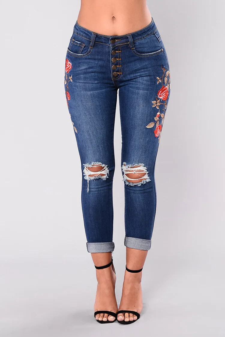 Fashion Women Embroidered Floral Jeans Ripped Slim Denim Pants Trousers S-3XL JJ