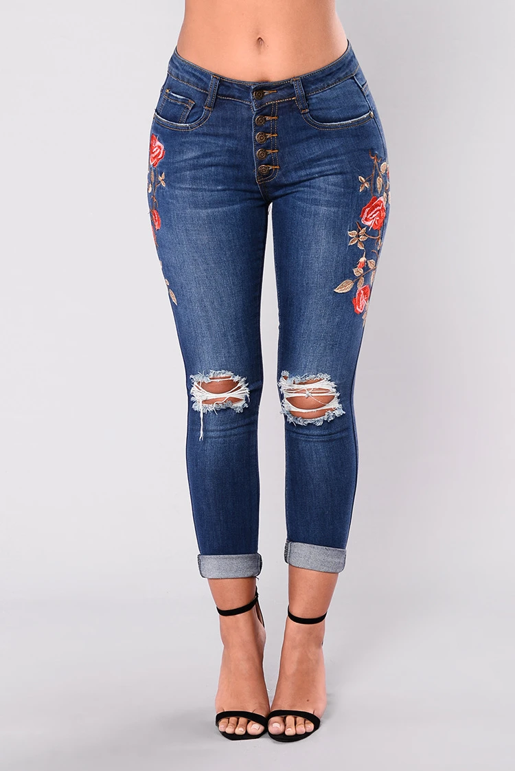 X-Future Women Ripped Stylish Mid Rise Slim Floral Embroidery Jeans Denim Pencil Pants X-Future Women Ripped Stylish Mid Rise Slim Floral Embroidery Jeans Denim Pencil Pants