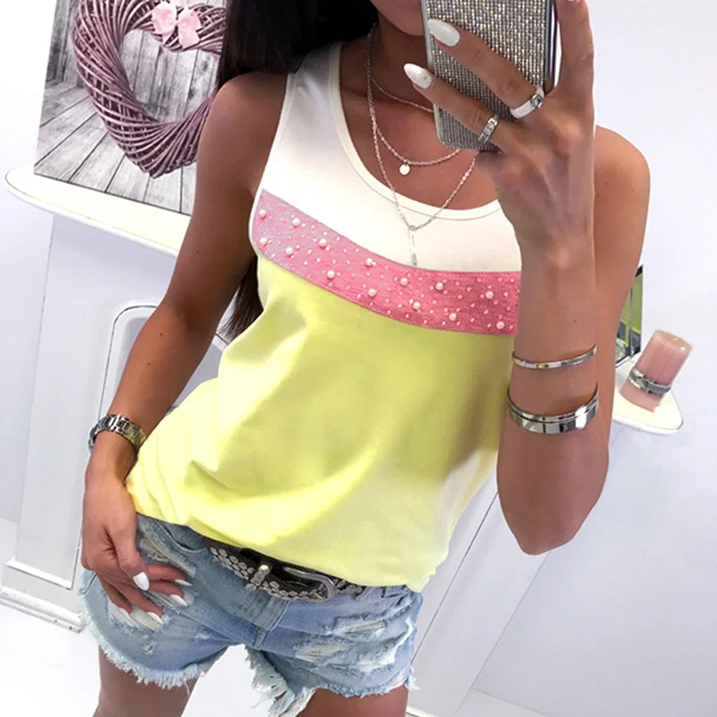 BBYES S-XL 2019 Women Summer Color Patchwork Tops Woman Ladies Sleeveless O-Neck Beading Shirt Women's Casual Vest Tops