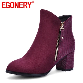 

EGONERY fashion boots zipper woman ankle boots flock snakeskin pattern autumn winter plush girl booties 6cm high heels shoes