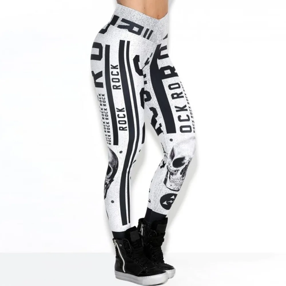 Women Fashion White Sporting High Waist Slim Leggings New Style Letters Pattern Elastic Force Breathable Polyester Leggings