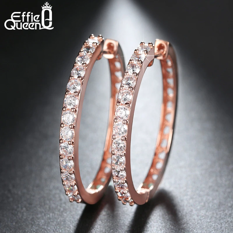 

Effie Queen New Fashion Stellux Austrian Zircon Studded Round Hoop Earrings Trendy Hollow Backs Women Earrings DOE143