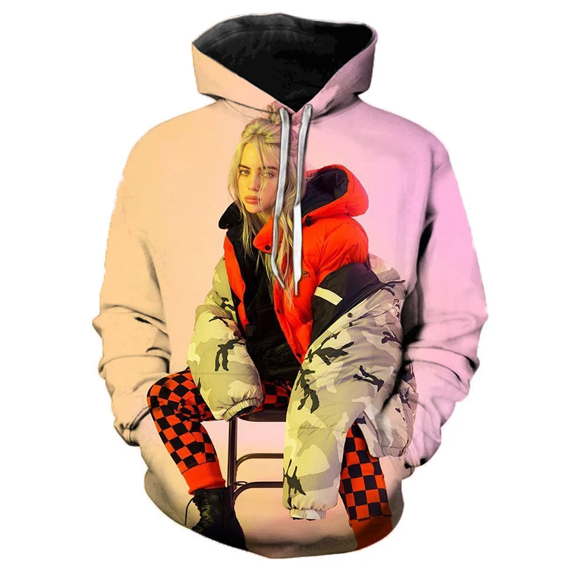 

2019 Newest 3D Billie Eilish Printed Hooded Sweatshirts Casual Long Sleeve Hoodies Women Men Clothing Fashion Plus Size Hoodies