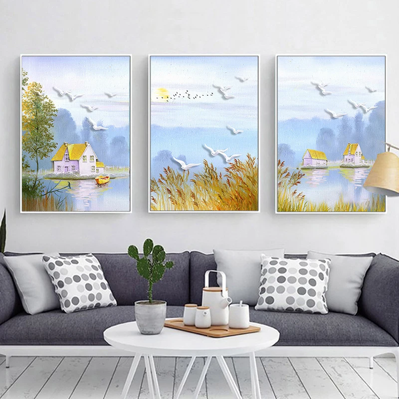

HAOCHU Triptych Autumn Landscape Mountain Cabin Sea Gull Birds Animal Canvas Painting Nordic Wall Picture For Home Living Room
