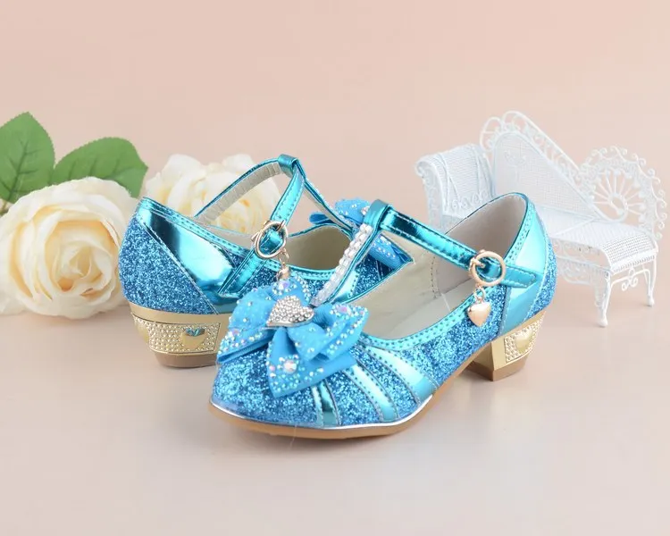 Г. новые туфли на высоком каблуке для девочек в Корейском стиле, синие детские туфли принцессы 27-37