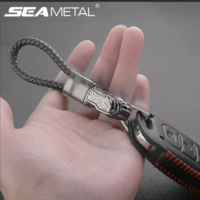 

Car-styling Car Keychain Black Silver Leopard Key Chain Braided Leather Zinc Alloy Keyring Auto Accessories For Audi BMW Hyundai