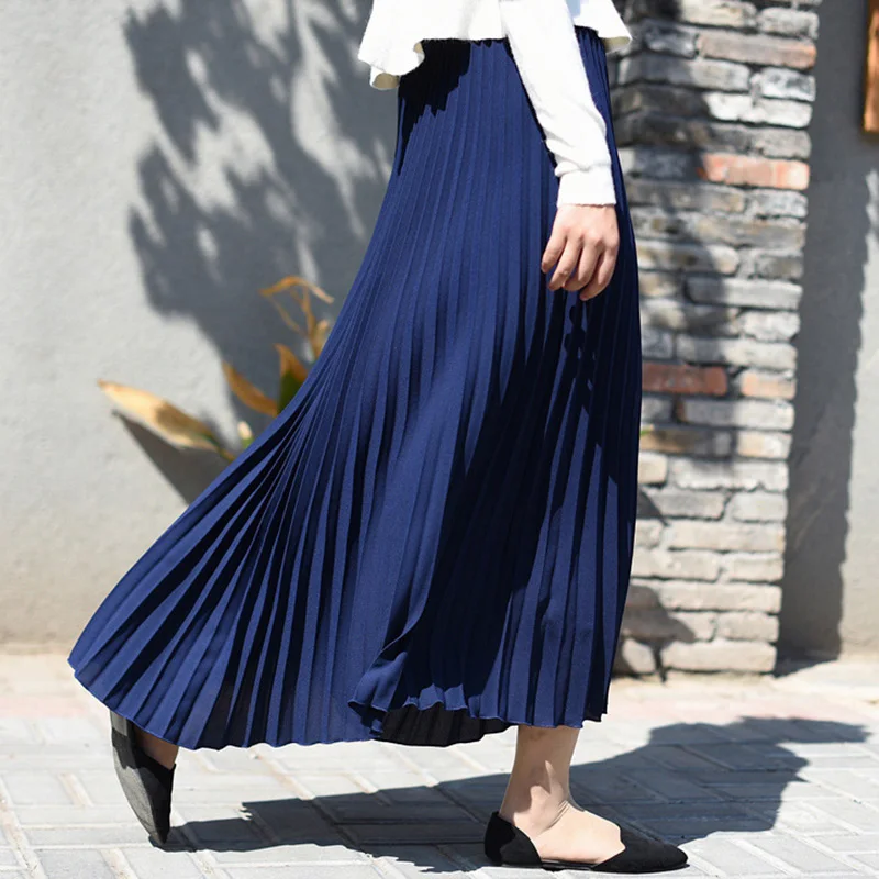 Navy Blue Sheblingbling Женская длинная юбка весна лето эластичная высокая Талия Макси плиссированная юбка длиной до щиколотки элегантные женские повседневные юбки - Цвет: Navy Blue