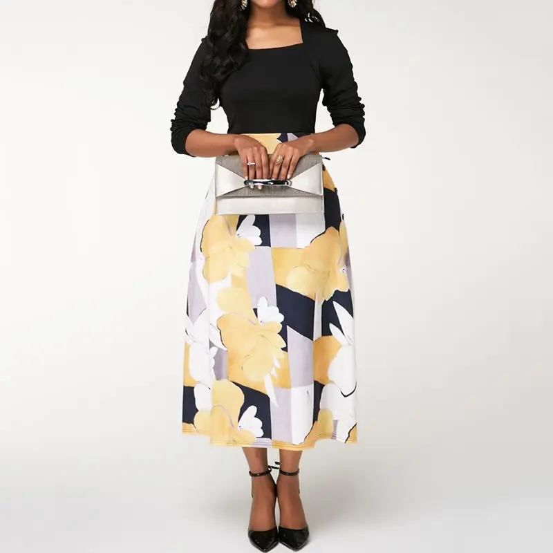 

Women Dress Elegant Party Plus Size Long Sleeve Print Patchwork Black Fashion A Line Robe Vintage High Waist Maxi Dresses Female