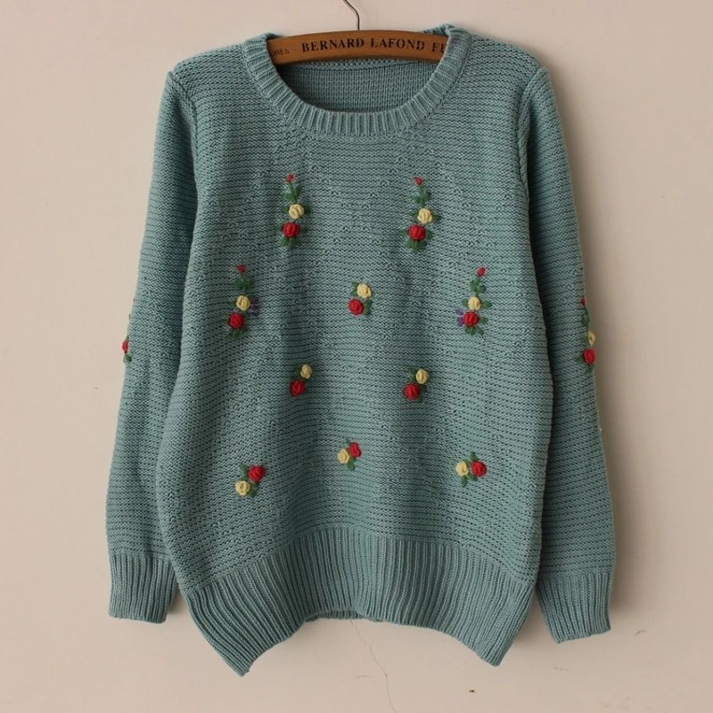 

Japan Style Women Sweater Pullover Argyle Flower Embroidery Knitted Jumper Autumn Sweater Sueter Mujer pull femme C89596