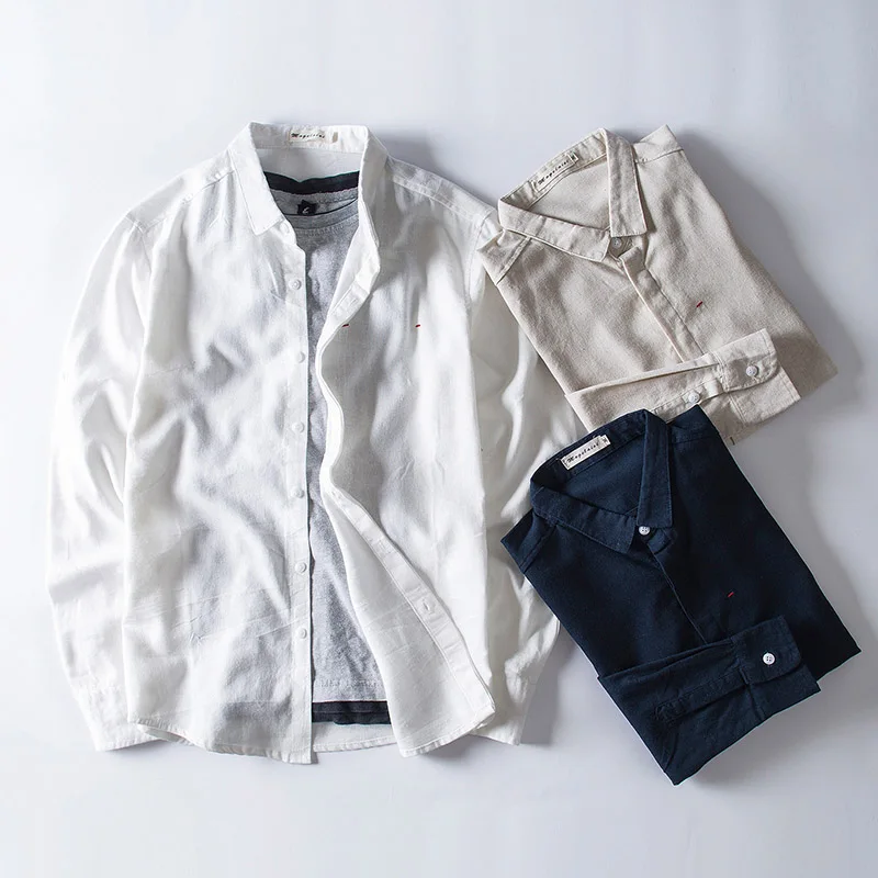 

Autumn New Harajuku Mens Long Sleeve White Linen Shirt Slim Fit Turn-down Collar Solid Classic Hemp Shirts Clothing 5XL