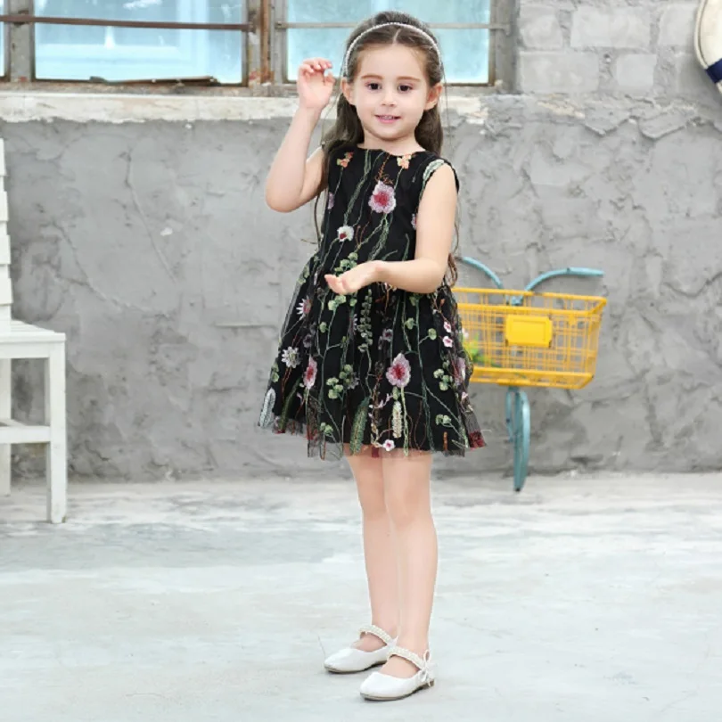 

Black dress Sleeveless Lace Elegant Girl Embroidery Floral Vest Dresses Clothes Backless Gauze Mesh Summer flower girl dresses