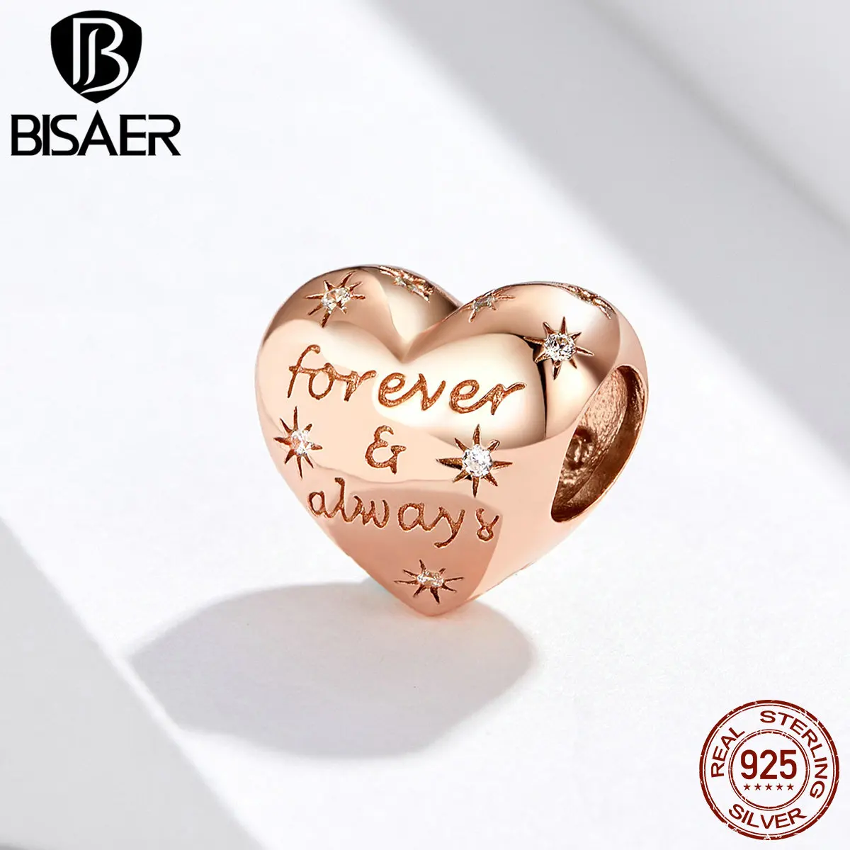 BISAER Genuine 925 Sterling Silver Heart Shape Beads Charms Fit For Women Bracelets Rose Gold Color Jewelry Making HSC1223