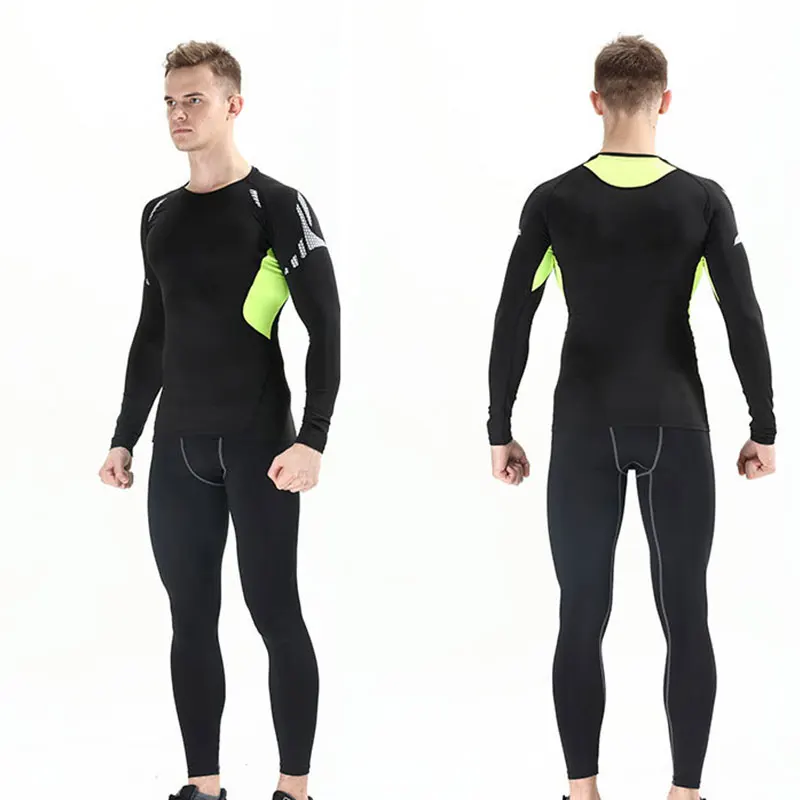 Fitness Men Sets Pure black Compression Shirts and Leggings Base Layer Long Sleeve T Shirt Clothing Set | Мужская одежда