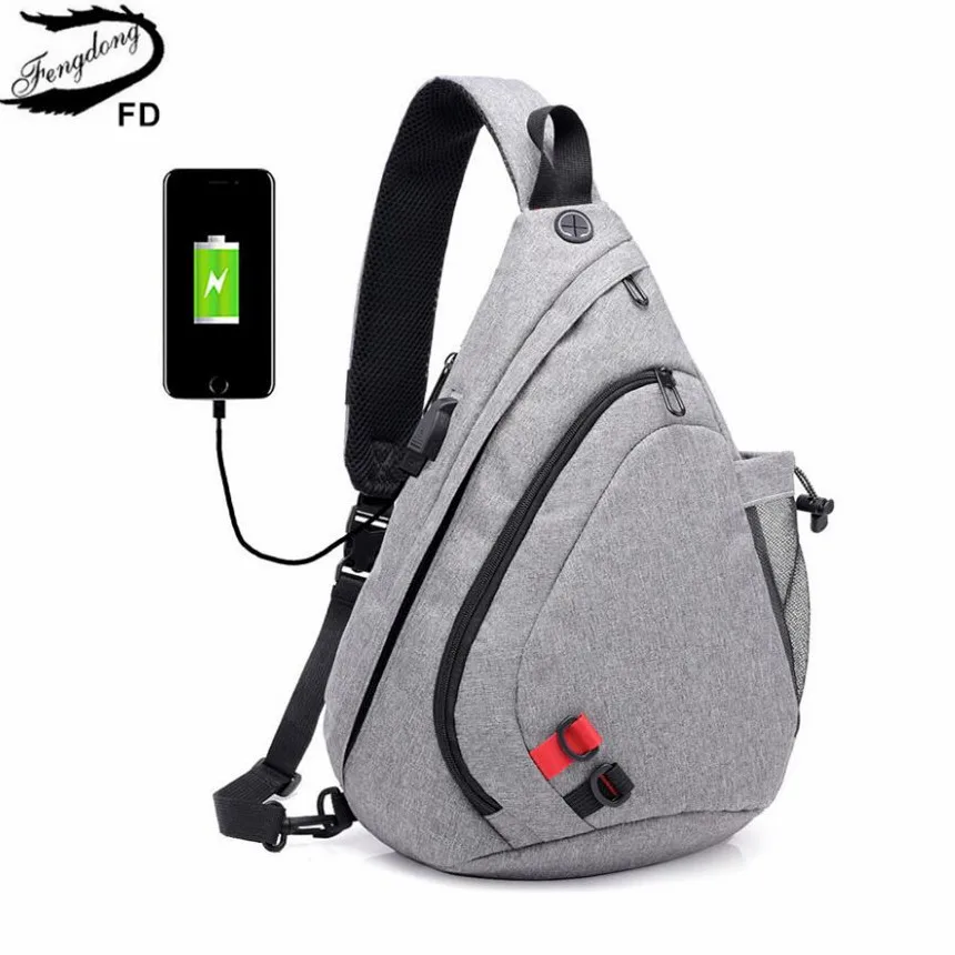 

FengDong male small crossbody bag man sling chest bag usb charge messenger shoulder bags for men smart bag with earphone jack