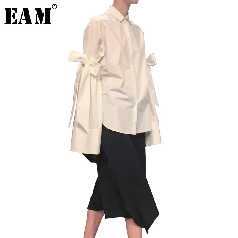 

[EAM] 2019 New Autumn Winter White Simple Long Sleeve Turn-down Collar Bow Single Breasted Women Fashion Tide Wild Shirt LA679