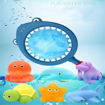 

Bathroom Toys Fishing Net Swimming Water Bath Toy Mini Colorful Floating Rubber Animal Sound Water Spray Gift for Baby
