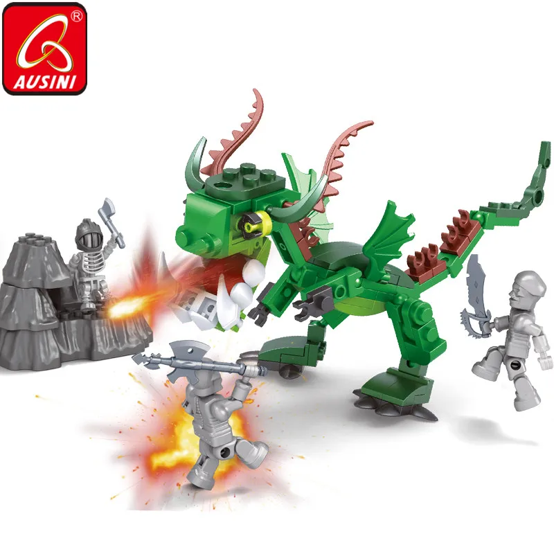 

AUSINI Green Dragon Building Blocks Skull Soldier Figures Educational Toys for Boys Dinosaur Model Bricks Designer for Children