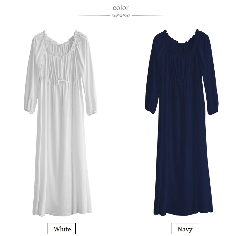 Весенне-осенняя белая/темно-синяя Ночная рубашка в винтажном стиле с длинными рукавами, элегантные женские длинные ночные рубашки
