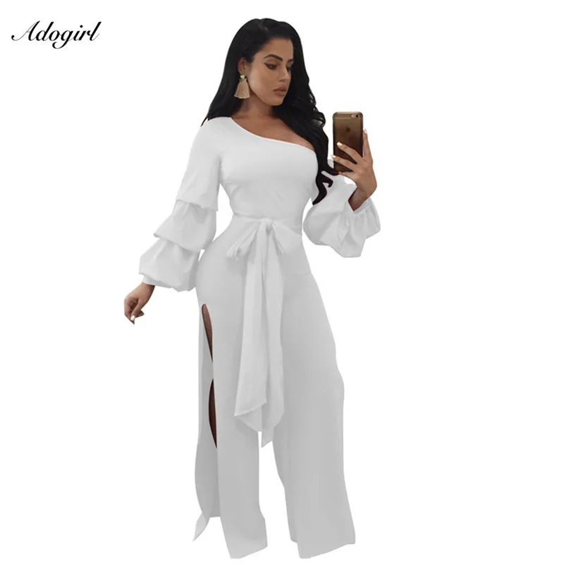 

Adogirl 2017 New One Shoulder Lantern Long Sleeve Side Slits Jumpsuits Solid Sashes Wide Leg Pants Rompers Women Sexy Overalls