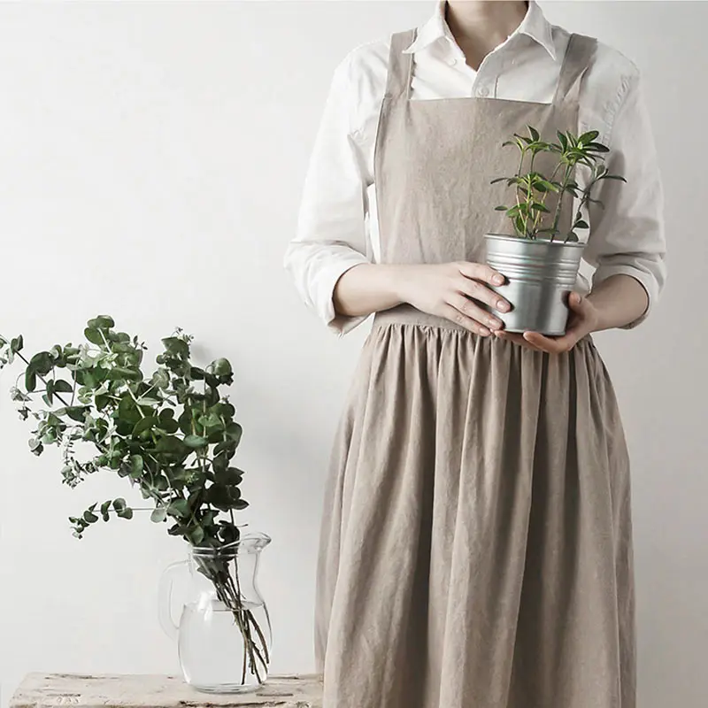 

Brief Nordic wind washed Cotton Linen apron Flower Shop Sleeveless Overalls Pinafore Kitchen Coffee Cooking Women Long dress bib