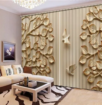 

3D Curtains Printing Blackout Curtains Living Room or hotel Drapes Cortians Sunshade Window Embossed Three-dimensional Leaf Bird