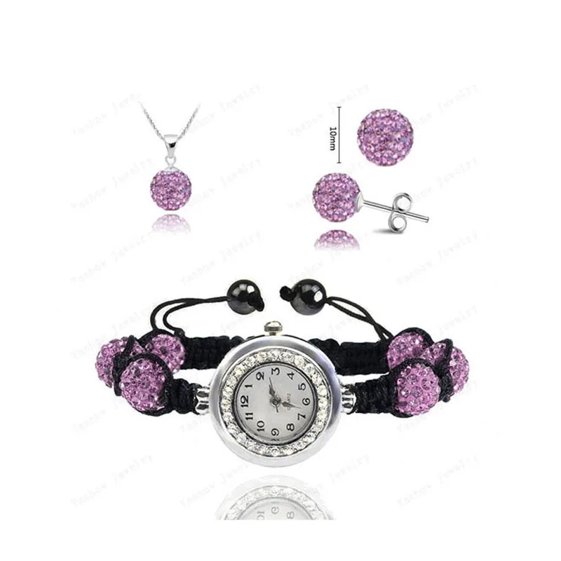 Акция продаж Модный микро-паве CZ Disco 10 мм бусины горный хрусталь часы браслет серьги-подвески, ювелирные изделия наборы для ухода за кожей для женщин SHSE11 - Окраска металла: Light Purple