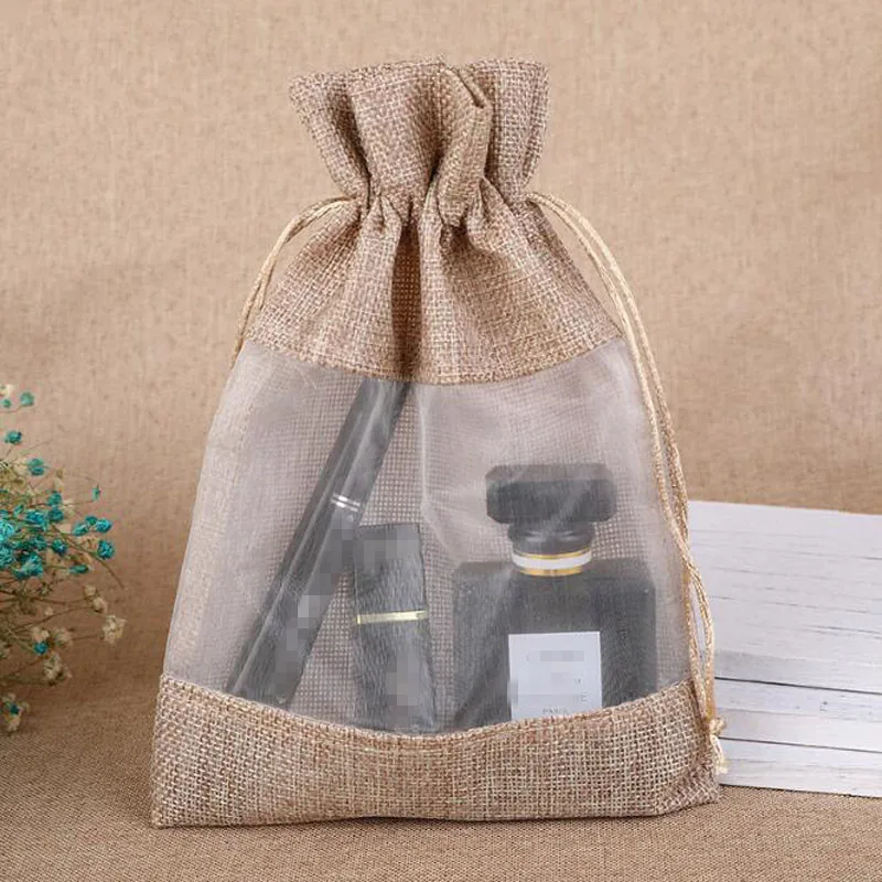 Jute Colors 200 шт прозрачное окно джутовый Подарочный пакет мешковины вечерние пользу Sack сумка белье Drawstring Чехол подарок с ювелирными изделиями и органзой мешок конфет - Цвет: Jute Colors