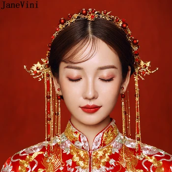 

JaneVini Traditional Chinese Bridal Headdress Red Hairpin Earrings Wedding Hair Ornaments Gold Tassel Brides Jewelry Accessories