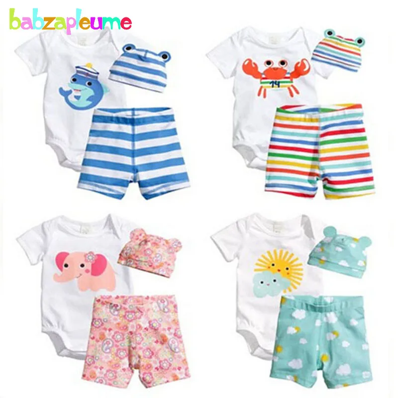 3 шт./0-18 месяцев/летние комбинезоны для новорожденных, одежда для маленьких мальчиков и девочек милый боди с рисунком+ шорты+ шапки, комплекты одежды для младенцев, BC1090
