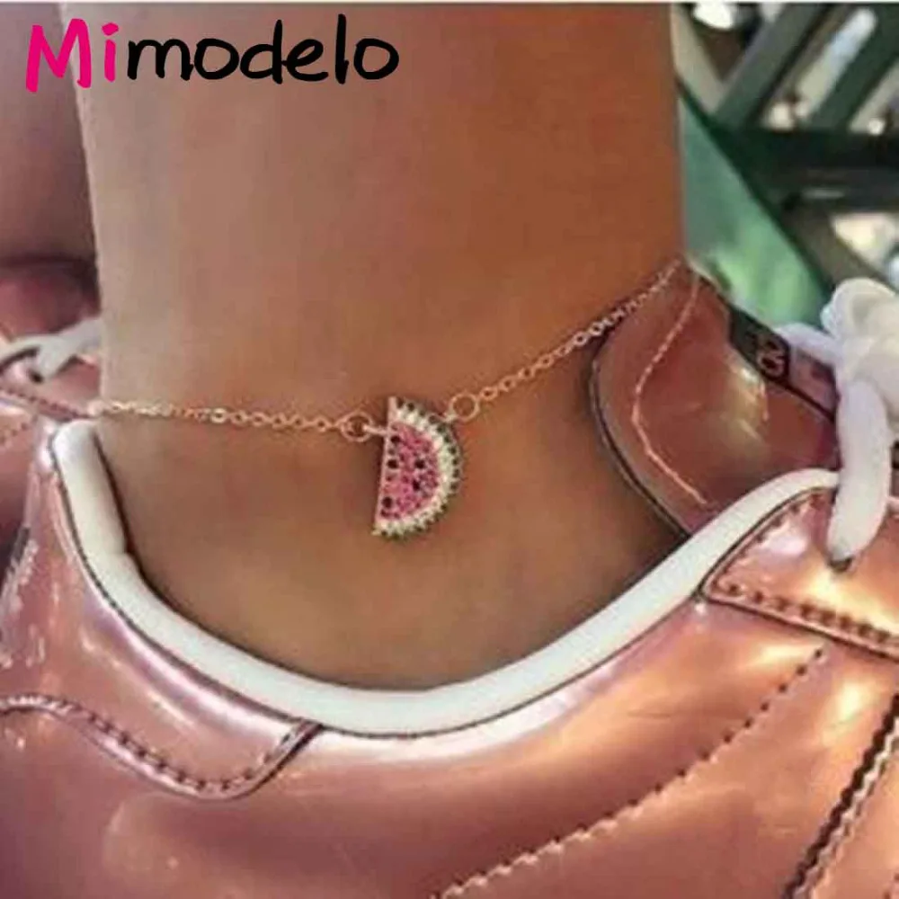 

Minimalist Gold Chain Anklets for Women Bohemian Red Rhinestones Watermelon Charm Bracelets Fashion Foot Jewelry