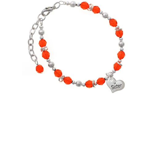 Silvertone Small ''Sister'' Heart with Clear Crystal Orange Beaded Bracelet