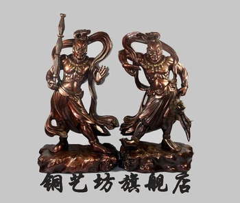

16" China Two Fierce-looking Gods Heng Ha Door Guardian Protector Bronze Statue