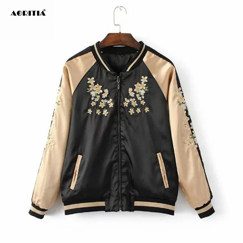 

2019 Women 2 Sides Embroidery Jacket Silk Satin Ladies Baseball Jackets Chaqueta Mujer