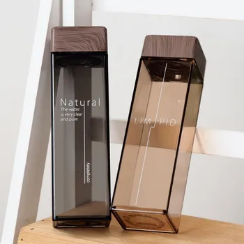 2018 New 500ML Fashion Water Bottle Square Shape With Wooden Lid Plastic Sport Bottle Lady Kids Unbreakable Kettle 4 Colors 3