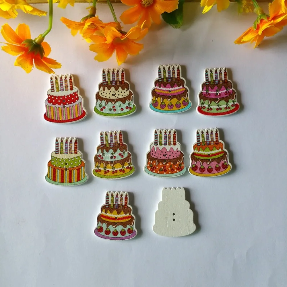 

40PCS Cute Kid Birthday Cake Wood Handmade Mixed Color Craft Decoration Button 26x30mm 2 Holes scrapbooking accessories supplies