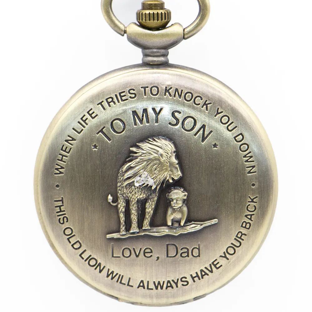 

Drop Shipping Vintage Antiuqe Lion Dad Son Carving Word Quartz Pocket Watches Single Open Mens Necklace Chain Fob Watch For Gift