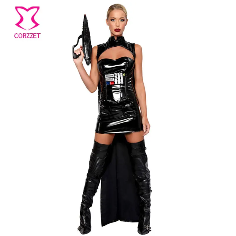 

Corzzet Black PVC Leather Warrior Costume Uniform Women Halloween Costume Dress Female Fantasias Fantasy Fancy Party Cosplay