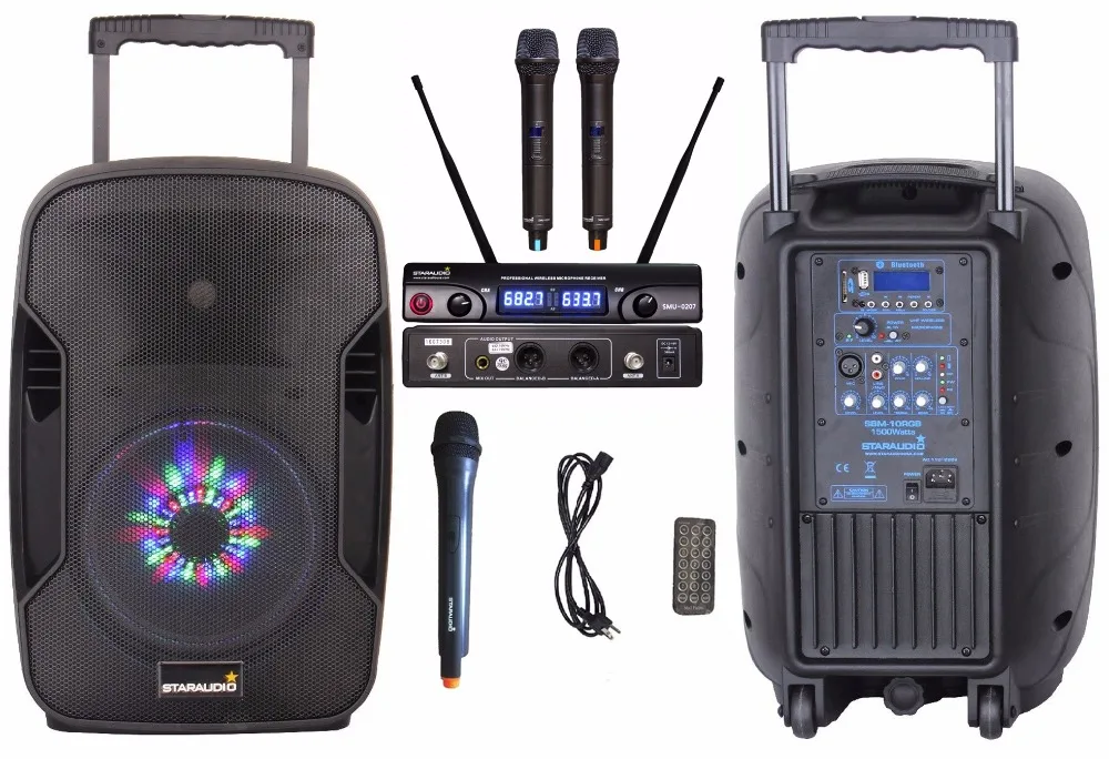 

STARAUDIO 1500W 10inch PA DJ BT USB SD Stage Club Speaker Recharge Battery Pro Active W/ LED RGB Lighting 2CH UHF Mic SBM-10RGB