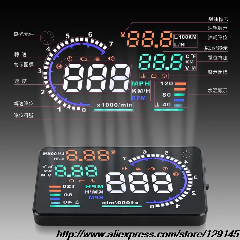 

A8 5.5'' Car HUD Head Up Display OBD II  Speed Warning System Windscreen Projector Vehicle RPM MPH Fuel Consumption