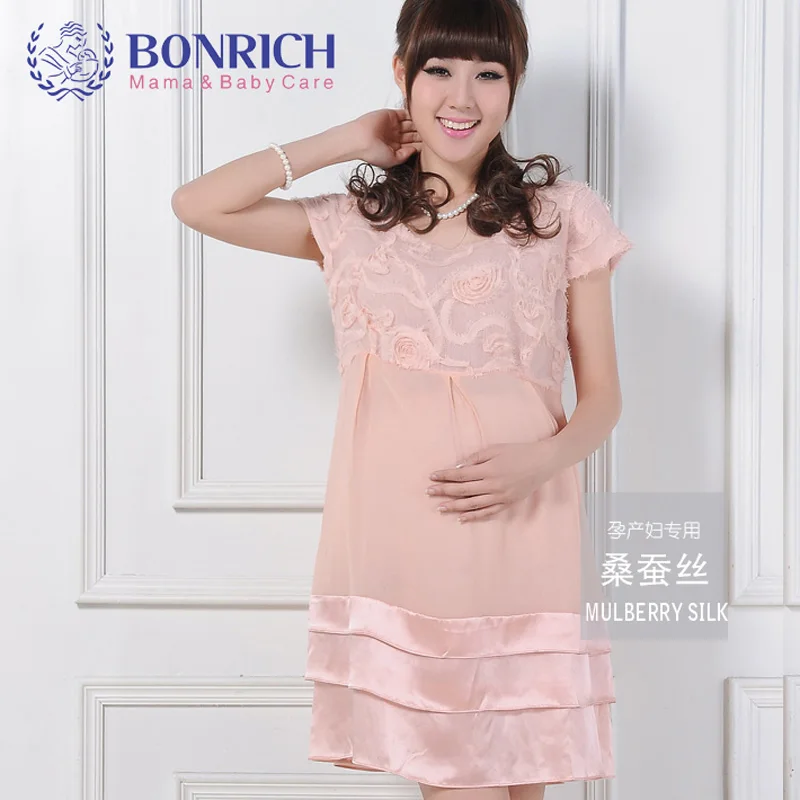 

BONRICH 2017 Summer Silk lace dress 3D Flower Lace Dress Satin Bottom,flower lace Short Sleeve maternity dresses BC32111