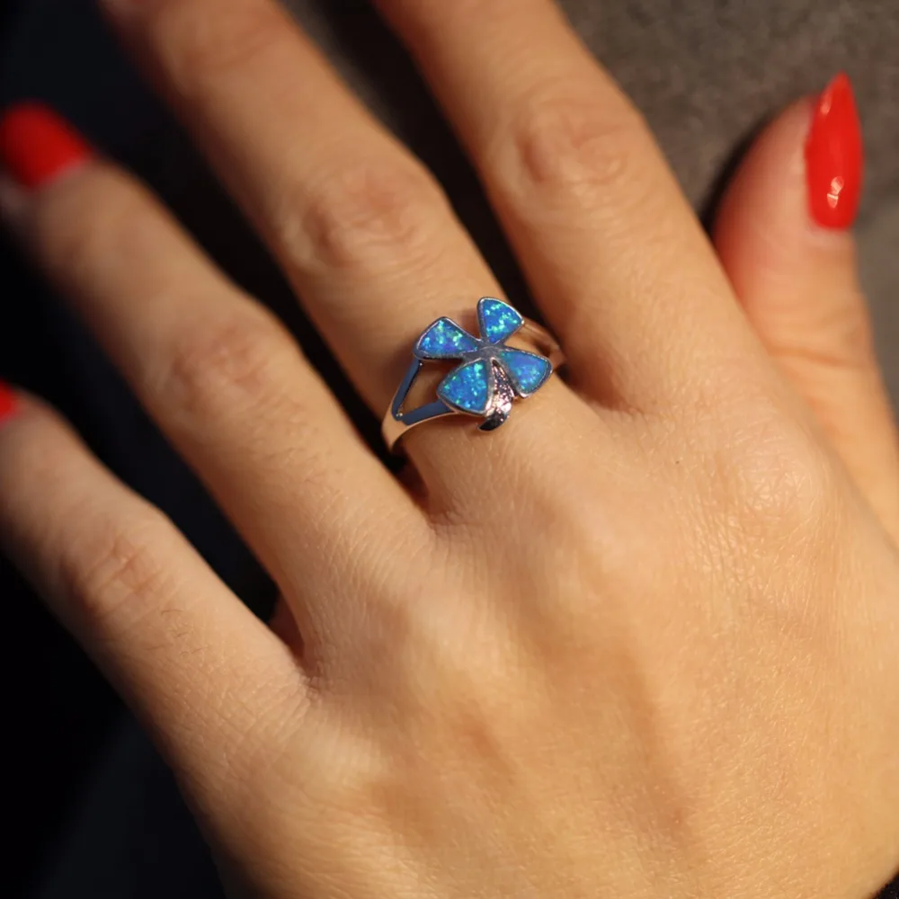 CiNily Created Blue Fire Opal Silver Plated Wholesale Lucky Leaf for Women Jewelry Wedding Engagement Ring Size 7 OJ9308