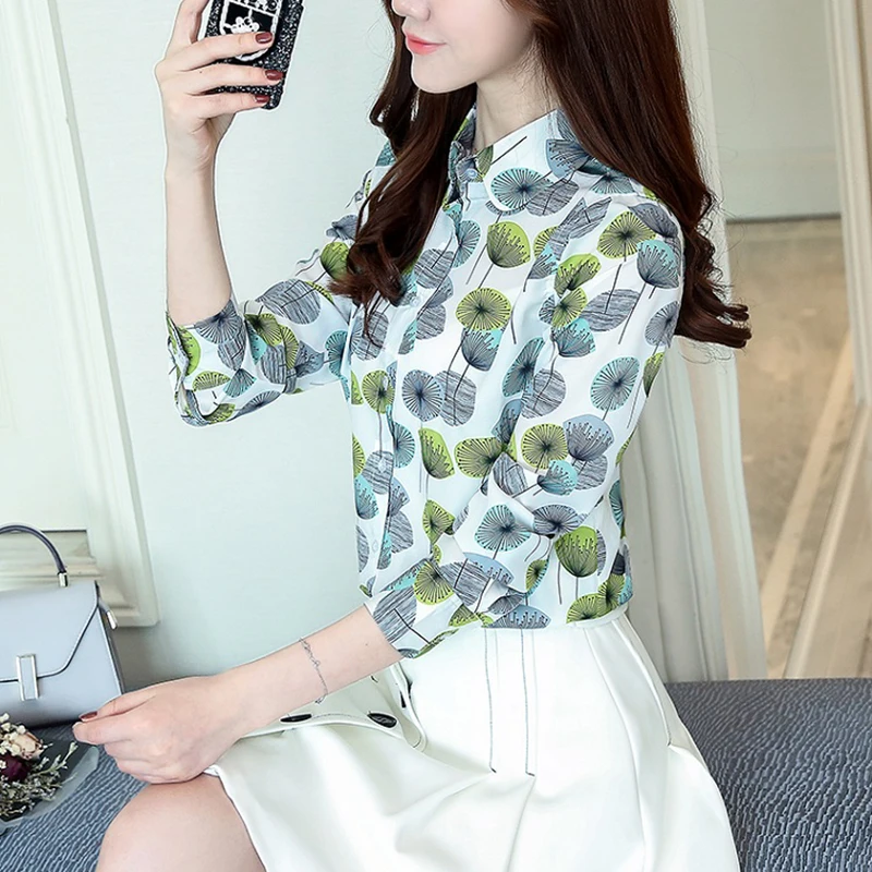 Стиль женские рубашки с принтом официальная Рабочая блуза Размер S-2XL корейские женские рубашки шифоновая блуза приталенные женские рубашки