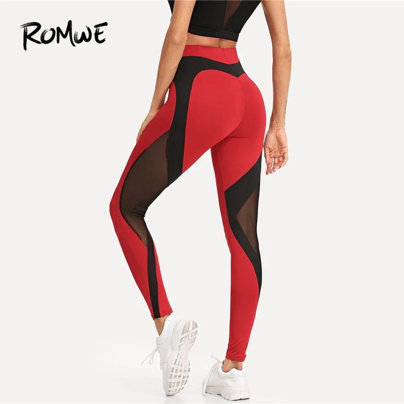 

ROMWE Contrast Mesh Skinny Leggings 2019 Fashion Female Pants Red And Black Fitness Women Ankle Length Sexy Trousers