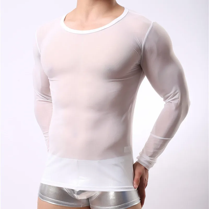 Мужские майки, нейлоновые сетчатые прозрачные футболки с длинными рукавами, мужские сексуальные компрессионные рубашки в морском стиле, нижнее белье, майка - Цвет: White(Only Tops)