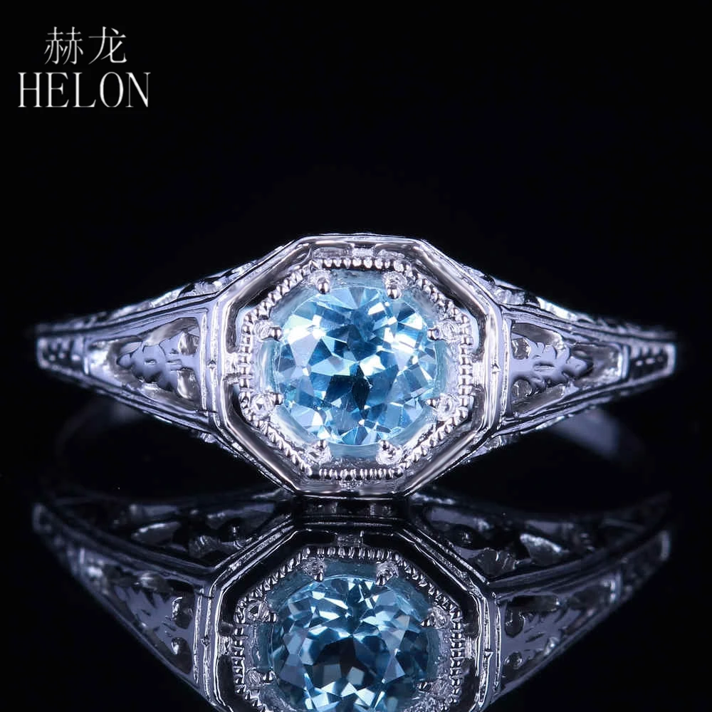 

HELON Genuine 4.5mm Round Cut Sky Blue Topaz Ring 925 Sterling Silver Fine Jewelry For Women Vintage Design Gifts
