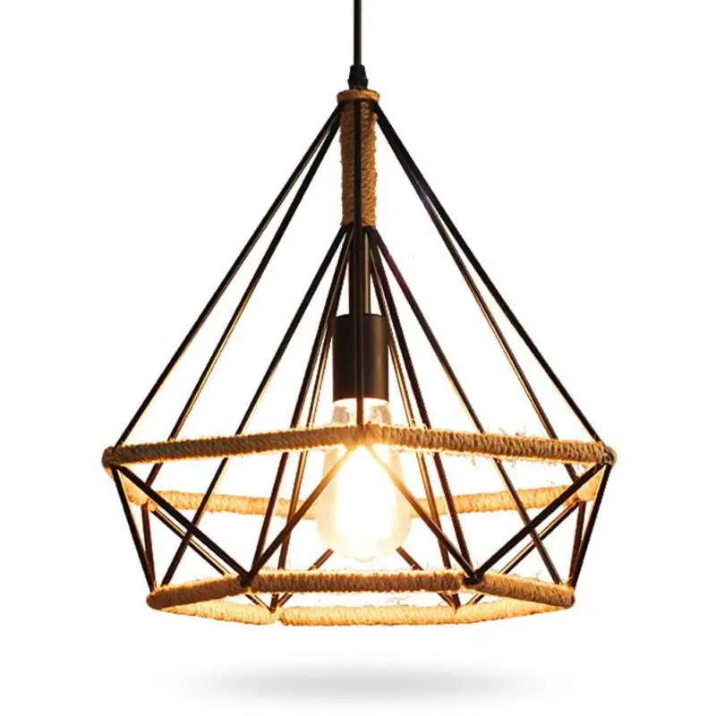 

Creative Dining Living Room Diamond Pendant Lights Bird Cage Iron Art Minimalist Bar Lighting Retro Loft Hemp Hanging Lamp Z30
