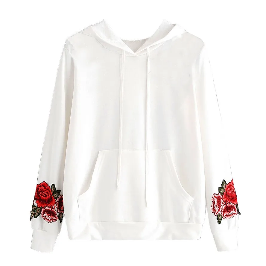 Womens Long Sleeve hoodies Rose Embroidery Applique Hoodie Sweatshirt