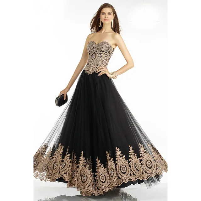 Best Selling Black Tulle Evening Dresses with Gold Lace Appliques