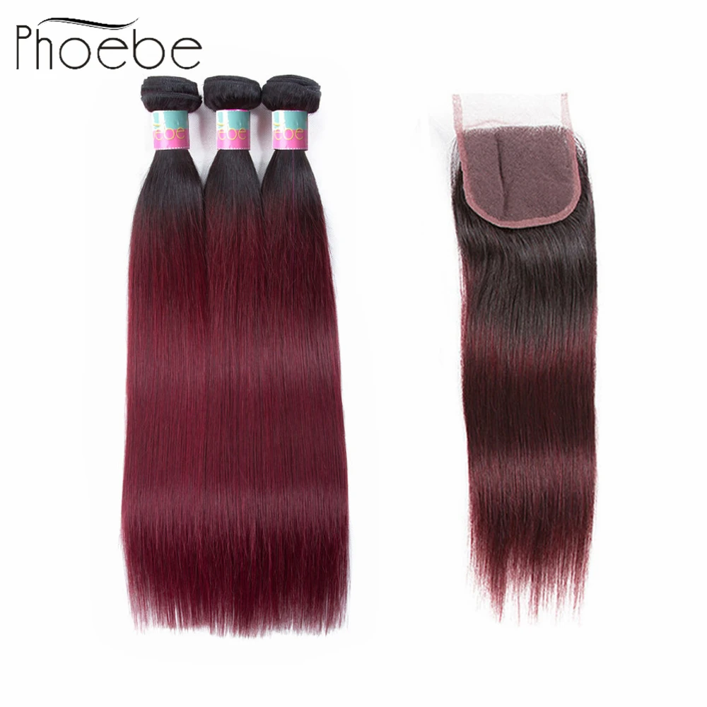 Дешево Фиби предварительно Цветной Ombre 3 Комплект s с закрытием кружева 1B 99J прямо переплетения человеческих волос Pack Non Реми бразильские плетение в...