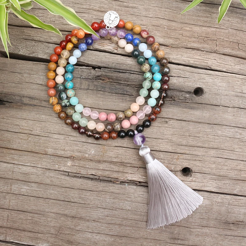 8mm Natural Stone Beads,28 Colorful Stones,Buddha,Summer,JapaMala Sets,Spiritual Jewelry,Meditation,Inspirational,108 Mala Beads